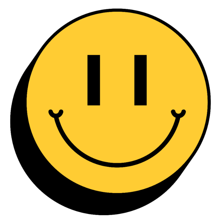 A yellow smiley with black drawn smiley face.
